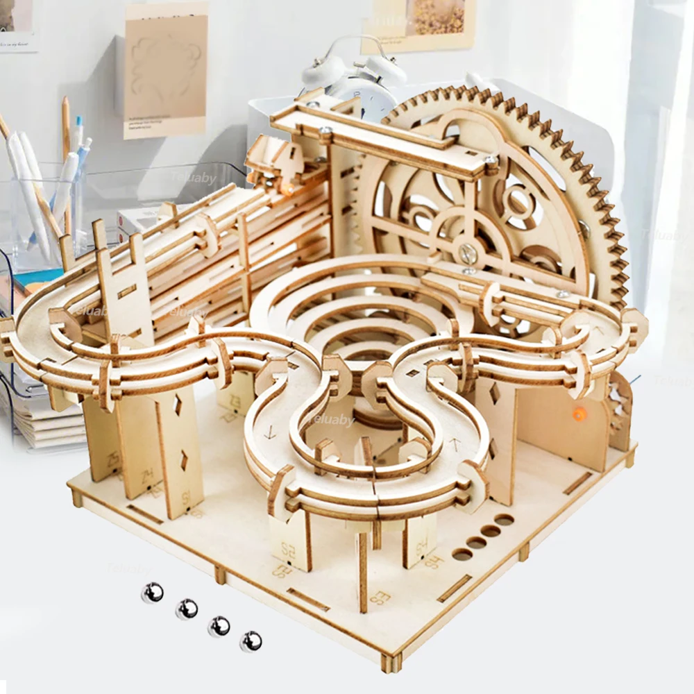 3d wooden puzzle diy mechanical manual model building kits assemble toys marble run set with 4 ball for adult kids gifts
