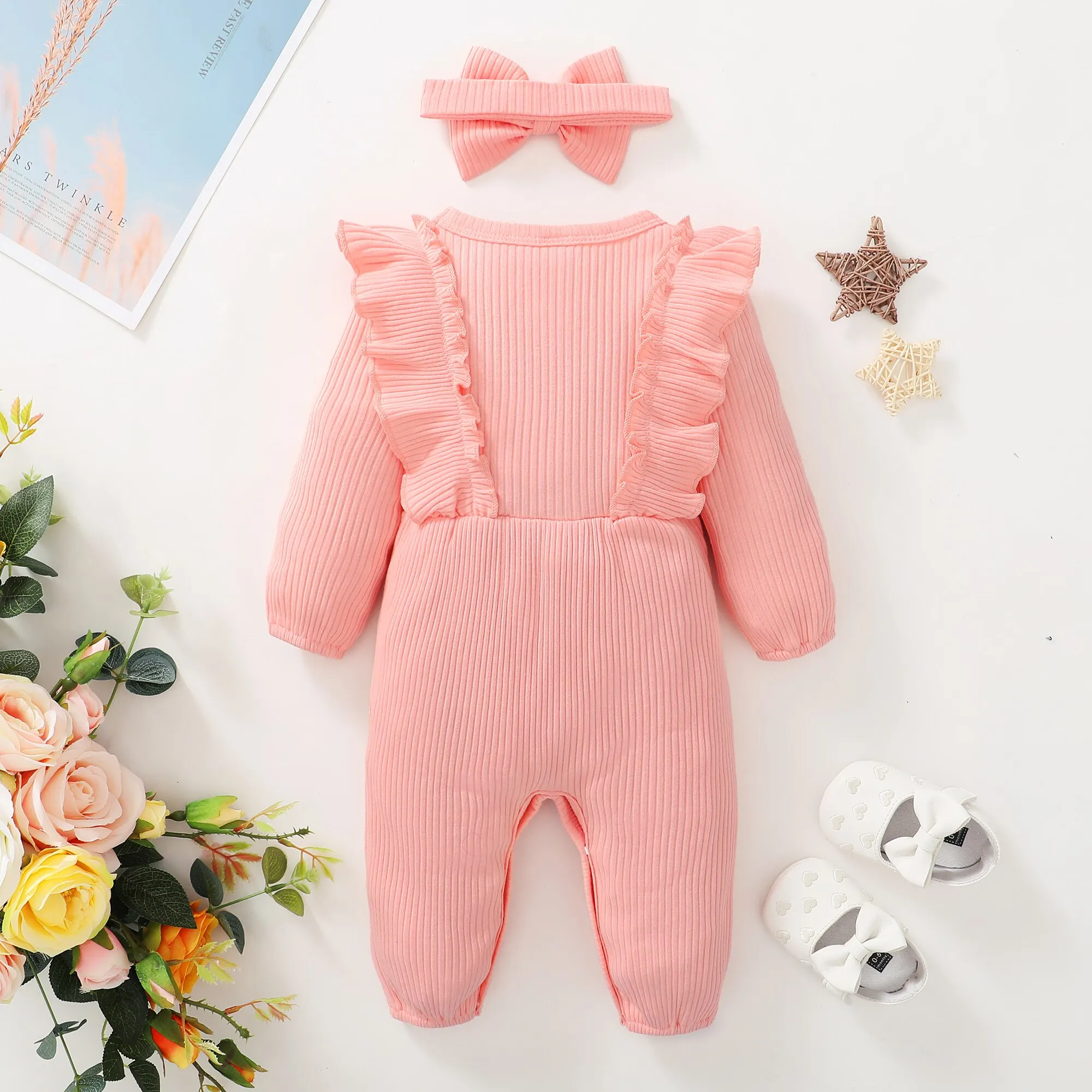 newborn baby girl romper long sleeved ruffle bodysuit with headband autumn & winter onesie outfit clothing for baby 0 18 months newborn baby girl romper long sleeved ruffle bodysuit with headband autumn & winter onesie outfit clothing for baby 0 18 months