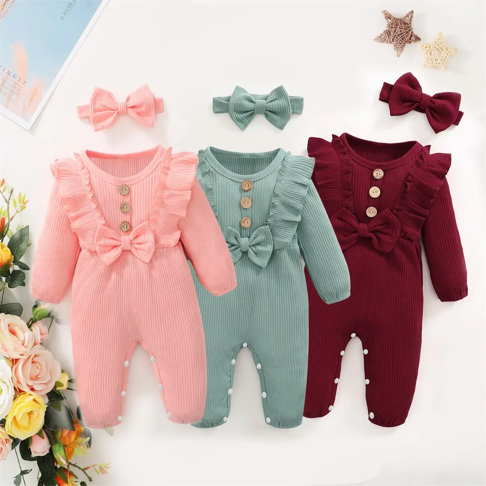 newborn baby girl romper long sleeved ruffle bodysuit with headband autumn & winter onesie outfit clothing for baby 0 18 months
