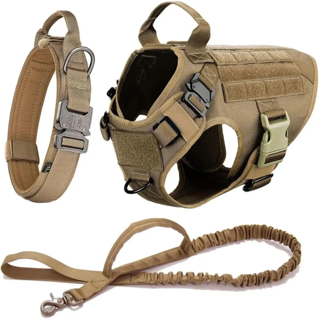 khaki tactical leash harness nylon large dog vest pet chest and back collar 3 piece set 97cm x 2.5cm leash extended 140cm