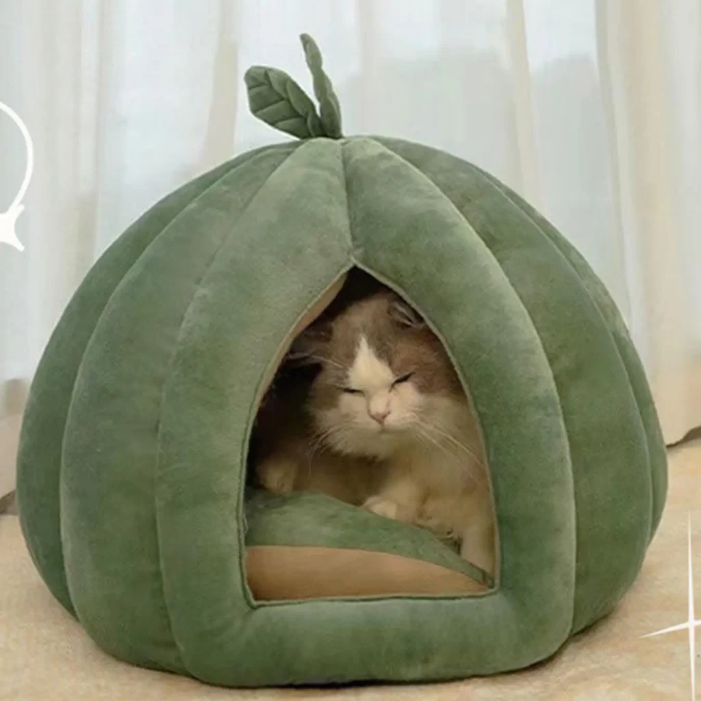 winter warm cat house bed, cute pumpkin shaped enclosed cat bed thickened flannel cat cave pet bed for kittens small dogs winter